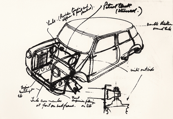 So fing alles an: Handskizze des "Mini-Vaters" Alec Issigonis, 1958 (Abbildung: BMW Group)