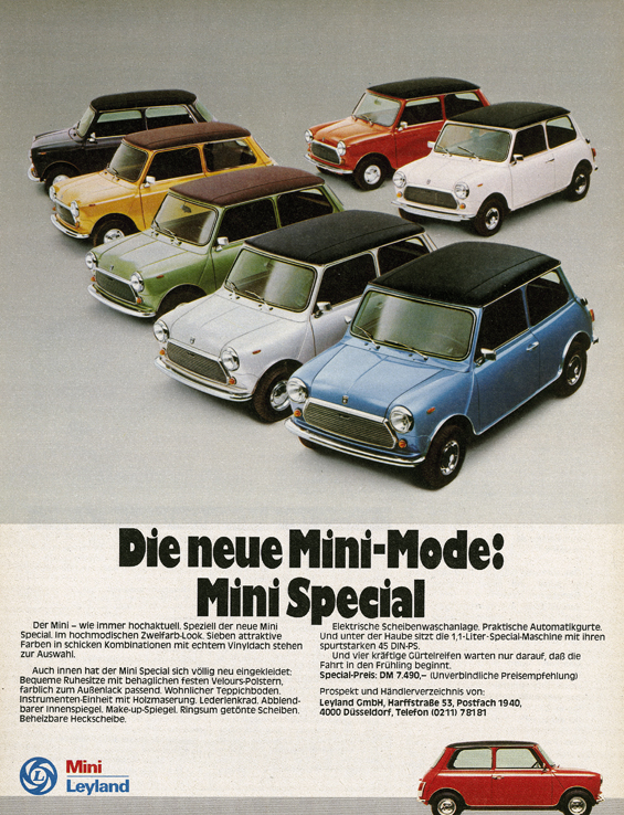Die neue Mini-Mode: Mini Special - Anzeige in "Motorrad" 7/1977 der Leyland GmbH, Düsseldorf. (Abbildung: BMW Group)