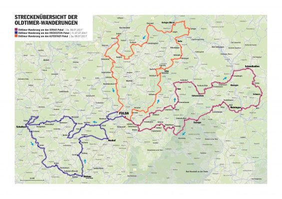Die Routen der  ADAC Deutschland Klassik 2017 vom 5. - 9. Juli: Bayern, Hessen und  Thüringen (Grafik: ADAC/ADAC Klassik)